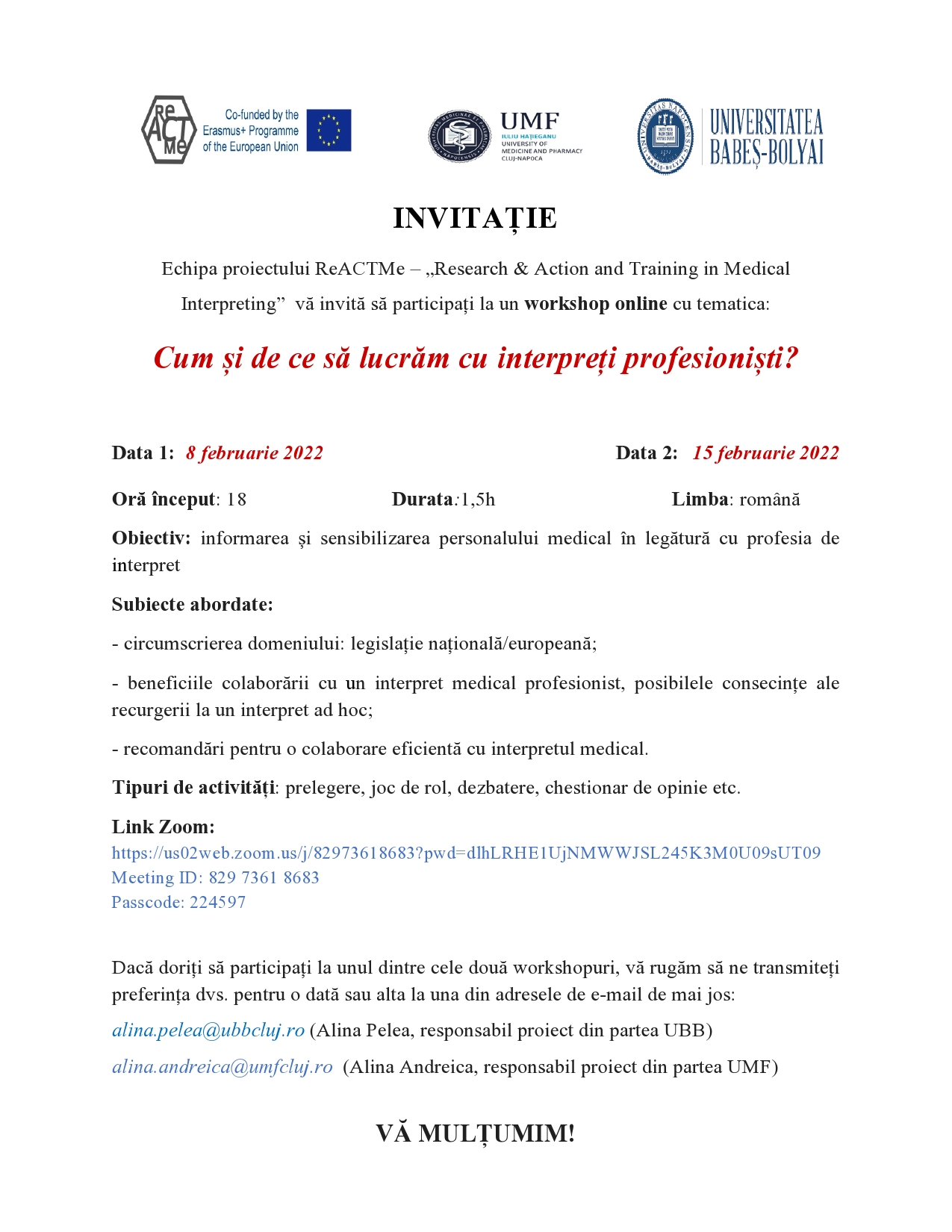 Invitaie workshop ReACTMe Cum si de ce sa lucram cu interpreti profesionisti